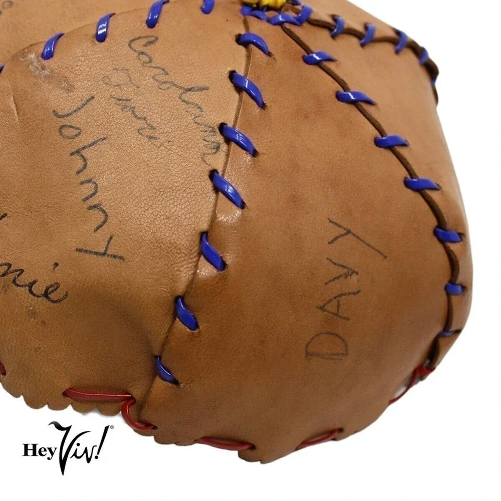 Vintage Child Size Brown Leather Beanie Cap w Family Friends Autographs -Hey Viv